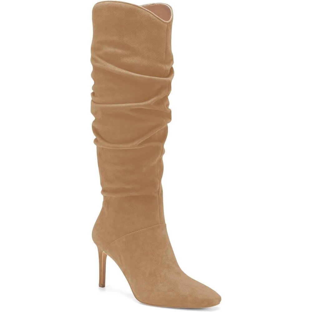 Womens Faux Suede Khaki Knee High Almond Toe Side Zipper Stiletto Heel Booties